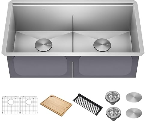 KRAUS Kore 33-Inch Undermount Workstation 16 Gauge Double Bowl Stainless Steel Kitchen Sink with Accessories, KWU112-33 | 16-gauge TRU16 steel, integrated ledge, cutting board and roll-up rack included, NoiseDefend soundproofing, 50/50 split