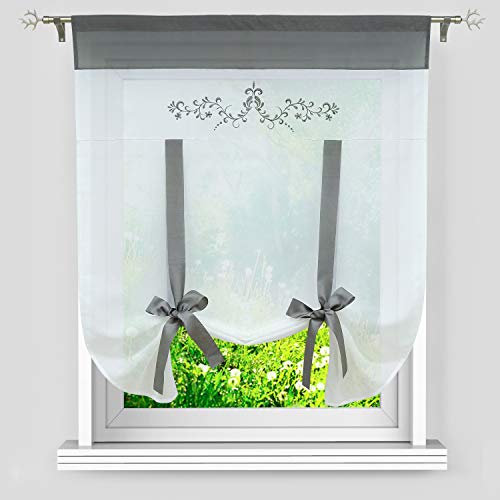 Heichkell Transparent Voile Scheibengardine Raffrollomit Tunnelzug Bestickte Raffgardine Küche Bändchenrollo Grau H×B 120×80cm