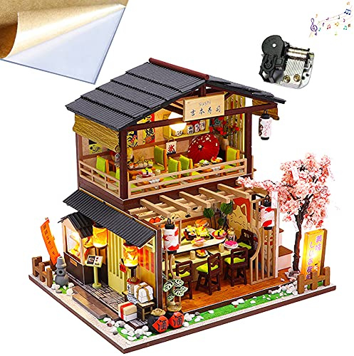 WonDrtherC kit de modèle de magasin de sushi japonais en bois bricolage, kit de maison de poupée 3D, jouets de construction en bois miniatures, cadeaux créatifs de Noël/anniversaire/nouvel an