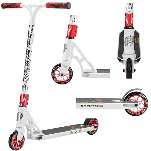 STAR SCOOTER Patinete de Acrobacias Profesional Patineta Freestyle Stunt Scooter para niños y niñas a Partir de 8 años | 110 mm Edición Pro HIC | Blanco Rojo