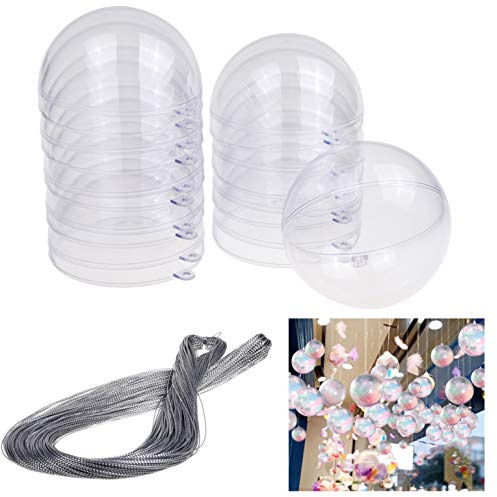 Kare & Kind 10x ifyllningsbara plastkulor - Clear Transparent jul, Holiday Ornament - Perfekt dekorativa objekt för bröllop, fester, födelsedagar, evenemang - Inkluderar 100 Yards 1 mm silvertråd