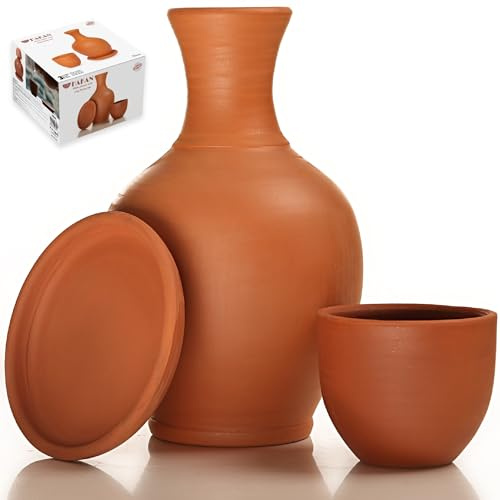 Terracotta Mud Jugs with Mug, Clay Water Pitcher with Cup, Earthen Water Carafe Set, Pottery Jar for Drinking Water, 74 oz