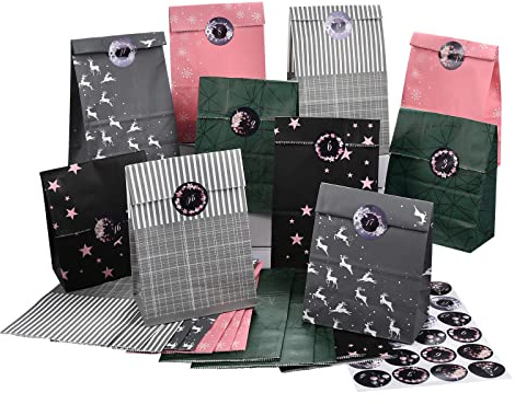 PANSIBY Adventskalender zum Befüllen, 24 Weihnachtskalender Geschenk Papiertüten Groß zum Selber Befüllen, Kraftpapiertüten Advents Tüten Selbstbefüllen mit Aufkleber für Kinder Mädchen und Frauen