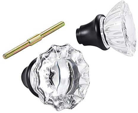 Crystal Glass Door Knobs Interior with Spindle, Matte Black, 1 Pack