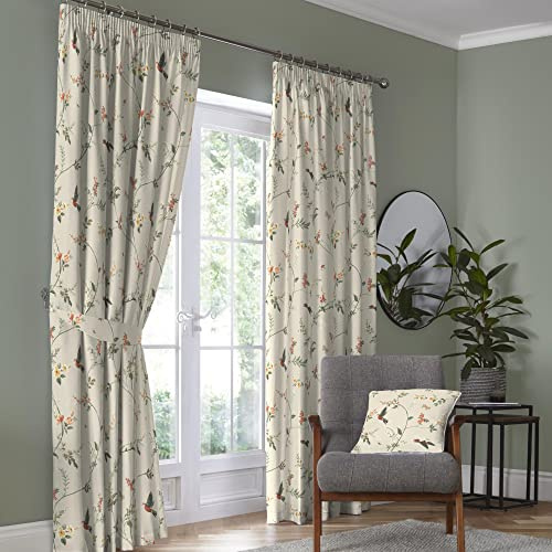 Dreams & Drapes Curtains - Darnley - 100% Cotton Pair of Pencil Pleat Curtains With Tie-Backs - 46 Width x 72 Drop (117 x 183cm) in Coral/Natural