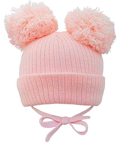 Faith & Sarah Kids Baby Beanie Hat - Unisex Boy Girl - Double Pom with Chin Ties - Fleece Lined - Knitted Bobble Cap