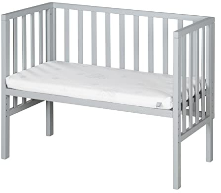 roba Beistellbett safe asleep® 2 in 1-45 x 90 cm - Höhenverstellbar - Komplettes Anstellbett mit Matratze + Mesh Barriere - Bett Set für Babys - Holz taupe/grau