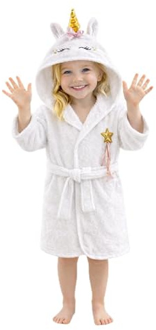 ELY PARKER Accappatoio bambina e ragazze, Spugna, Asciugamano in Cotone Turco, con Cappuccio, Unicorno, Bianco (13-14 Anni) Morbido, Assorbente, Comodo, Spesso