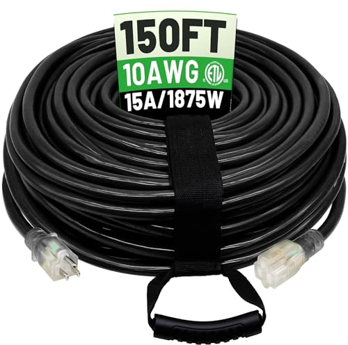 POWGRN 150 Ft 10AWG Black Outdoor Extension Cord Waterproof Heavy Duty 10 Gauge 3 Prong, Flexible Cold-Resistant Long Power Cord Outside with Lighted Indicator End, 15Amp 1875W SJTW ETL Listed