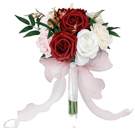 Easnea Künstliche Blumen Hochzeitssträuße Rosen Blumenstrauß, Faux Blumen Blumenstrauß, Seide Brautstrauß Seidenrosen Braut Hochzeitsstrauß Brautjungfernsträuße für Hochzeitsdekoration (Rot Weiß)