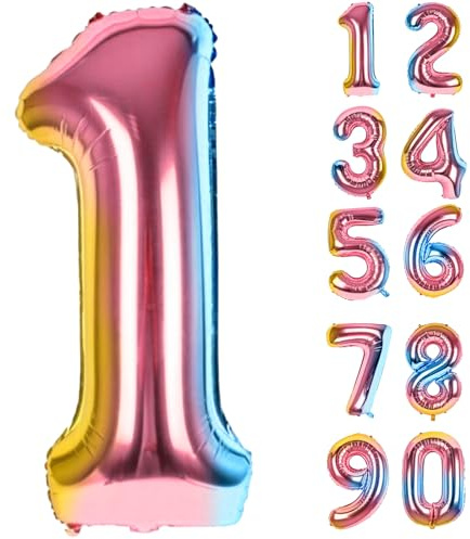 LAPONO Zahlen Luftballon 1 Regenbogen, Folienballon Zahl 82 × 38 cm, Helium Geeignet mit Aufblashalm, Selbstschließendes Ventil, Geburtstag Deko Party Foto für 1 10 18 21 Jahre, Jubiläum Tischdeko