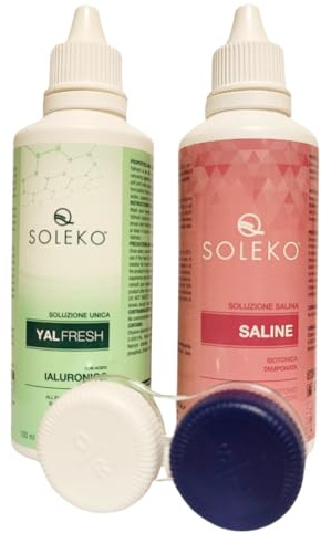 Soleko - Soluzione unica 100ml per lenti a contatto + soluzione salina 100ml - Formato da viaggio - Flight Pack - Contenitore incluso