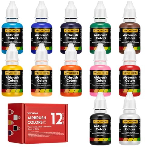 VIVOHOME Set di 12 colori per aerografo colori acrilici per aerografo pronti da spruzzare (non serve diluente) colori a base d'acqua per artisti e principianti confezione da 12 (20 ml/0,68 fl oz)