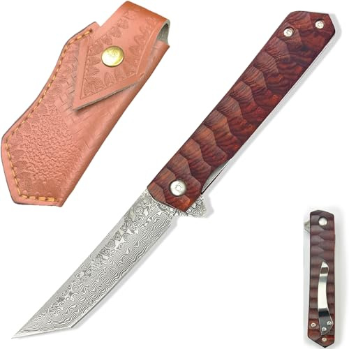 BFYLIN Damast Taschenmesser Klappmesser mit Gürtelclip, Scharf Einhandmesser mit Damaststahl Klinge,Survival Messe, Holzgriff Flipper schöner Lederscheide Messerscheide - Damastmesser für Camping