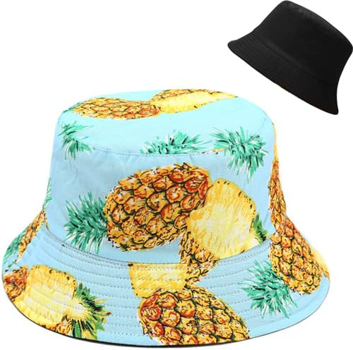 Malaxlx Damen Ananas Hellblau Muster Fischerhut Bucket Hat Anglerhut Sonnenhut Reversibel Fischerhüte Sommerhut Faltbarer Strandhut Draussenhut