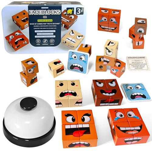 Holzwürfel Puzzle, Puzzle Face Changing Magic Cube, Interaktives Blocks Spielzeug Würfelpuzzle, Sensorik Gesichter Zauberwürfel Baustein Montessori Spielzeug für Kinder ab 3 Jahren