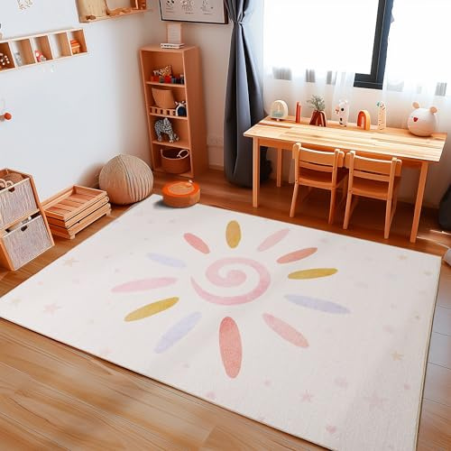 Carpetsale24 Kinderteppich Mehrfarbig 80x120 cm Sonne und Stern Design Modern rutschfest Waschbar Pflegeleicht Extra Weich Antiallergen Babyteppich Kinderzimmer Jungen Mädchen