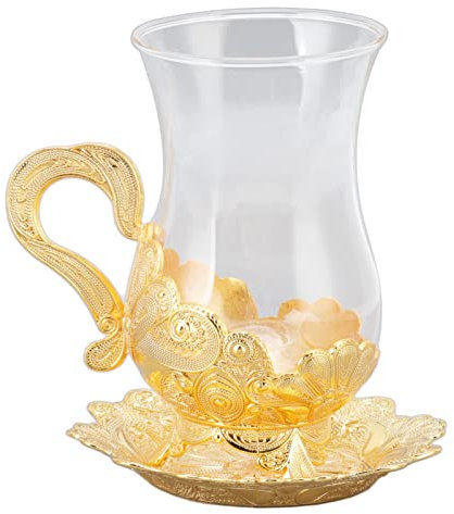 Set Tazzine da Caffè con Piattino, 150ML Tazzine da Caffè Dorate Tazza da Tè in Lega di Zinco in Vetro Trasparente Vintage con Piattino Eleganti Set Tè Intagliati per Tè Liquore Espressos (Oro)