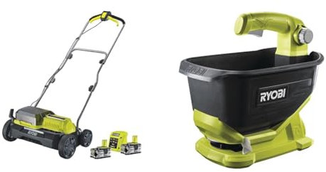 RYOBI 18V ONE+ Brushless Akku-Vertikutierer RY18SFX35A-240 & 18 V ONE+ Akku-Universalstreuer OSS1800 (4 Liter Tank, Streubreite einstellbar (2,5 bis 3,5 m) ohne Akku und Ladegerät), grün