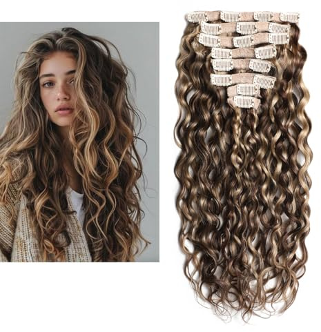 Larafona Clip in Haarverlängerung Echthaar Großes Lockiges Braun Highlights Blond Hair, 100% Remy Extensions Natürliche Welle P4/27# 14inch/35cm