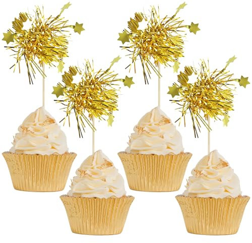 Gyufise 30Pcs Star Foil Firework Cupcake Toppers Sparkle Tinsel Cake Toppers Tinsel Drink Cake Decoration Cocktail Picks for Birthday Wedding Graduation Party Supplies Gold