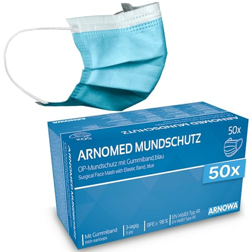 ARNOMED 100x Medizinische Mundschutz-Maske Blau, Op Maske Typ IIR | Medical Face Mask, Schutzmaske Mund & Nase, Einwegmasken, Chirurgischer Mundschutz, Gesichtsmaske CE Zertifiziert