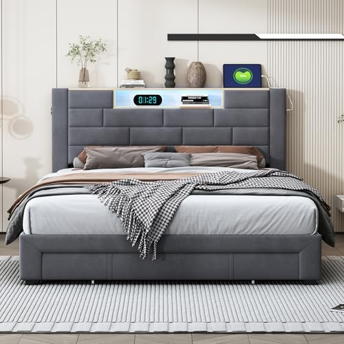 KeepGoon Polsterbett 140x200cm,Schubladenbett,Doppelbett mit LED USB und 3 Schubladen,Stauraumbett,Kopfteil mit Stauraum,Grauer Samt,Jugendbett,Lattenrost