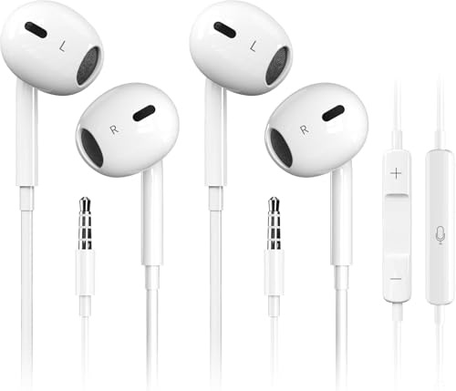 2 Pack In Ear Headphones, 3.5mm Jack Wired Headphones with Microphone and Volume Control, HiFi Stereo Noise Cancelling Earphones for Samsung, Android, iPad, MP3/4, iPhone 6/5, Most 3.5mm Audio Devices