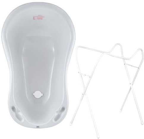 Hylat Baby Baignoire Bebe sur Pied et Bonde - Friends Gris - Certifié TÜV Rhénanie - Ergonomique et confortable pour nouveau-nés et bébés jusqu'à 12 mois - Collection Lite - Benoire pour Bébé Enfants