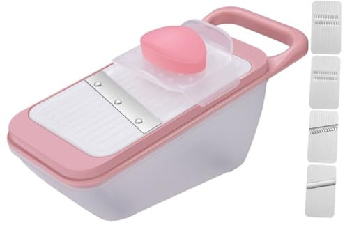 Cabilock Rallador de Verduras Multifuncional 4 Cuchillas, Tamaño Mediano, Plástico Resistente, Cortador Ajustable para Cocina Doméstica, Adecuado para Frutas y Verduras, Color Rosa, Juego