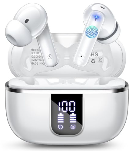 Bluetooth Kopfhörer, 2025 Kopfhörer Kabellos Bluetooth 5.4 mit ENC Noise Cancelling Mic, IP68 Wasserdichtes In Ear Kopfhörer, Ergonomie, 38 Std Ohrhörer mit LED Anzeige, Kompatibel IOS, Android Weiß