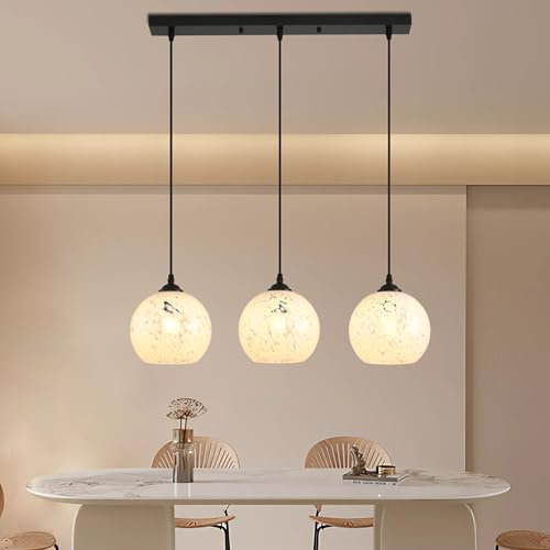 JHYPVII Glas Esstisch Pendelleuchte Weiss 3 Flammig Dimmbar 3000k-6500k Hängelampe Esstisch mit Weiß Glaskugel Lampenschirm E27 Esstischlampe Hängend Höhenverstellbar für Wohnzimmer Küche (Weiße)