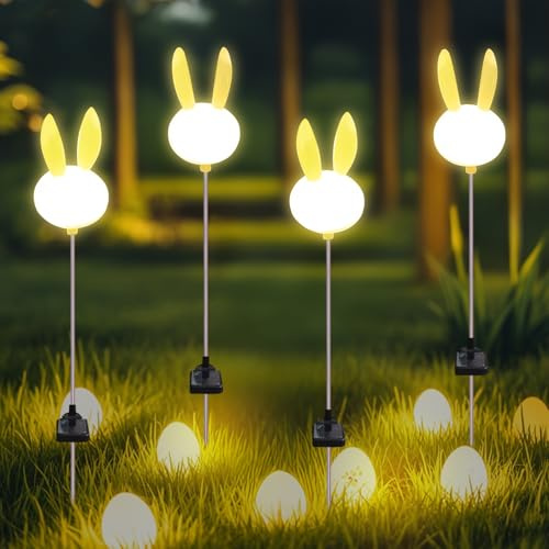Osterdeko Solarlampen für Außen, 4 Stück Osterhasen Deko Solarleuchten, Warmweiß Osterhase Solar Gartenleuchten für Außen, IP65 Wasserdicht Solarlampen für Ostern Deko Outdoor, Gartendeko (B)