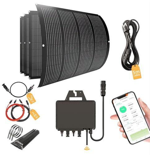 Balkonkraftwerk 800W_RC® MI2S-800D + 200W*4 Flexible Solarmodul + 5m AC Netzanschlusskabel + 1.2M/2M*2 DC Verlängerungskabel MC4 + Edelstahlbander, 0% MwSt