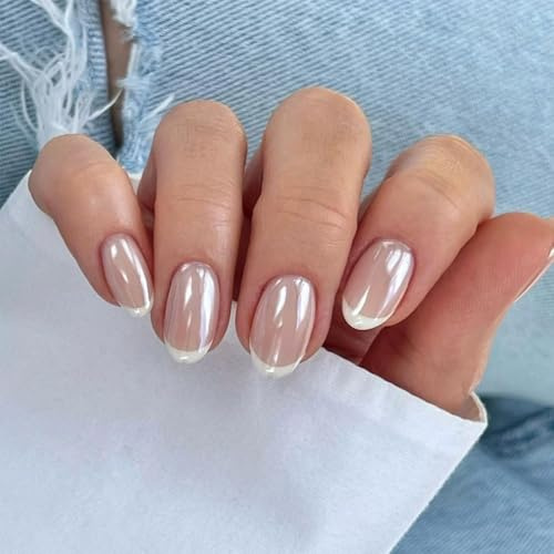 French Tip Press-On False Nails, Short Oval, Nude Pink, Glossy, 30-Piece | Curved White Tip Design, For Everyday At-Home Manicures And Coordinated Nail Looks Before Social Occasions