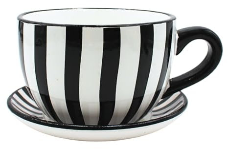 Dekohelden24 Blumentopf, Pflanztasse, Pflanzkübel, Pflanzgefäß, Blumenkübel, Pflanztopf. Übertopf als Tasse mit Griff aus Keramik, Motiv: Schwarz-Weiß-Gestreift, L/B/H 20 x 15 x12 cm.