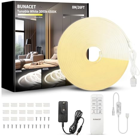 BUNACET Neon LED Strip 8M Warmweiß–Kaltweiß Dimmbar IP67 24V | Flexibles Silikon-Neonband 3000–6500K für gleichmäßiges, blendfreies Licht.Ideal für Garten,Terrasse,Balkon und Wohnräume