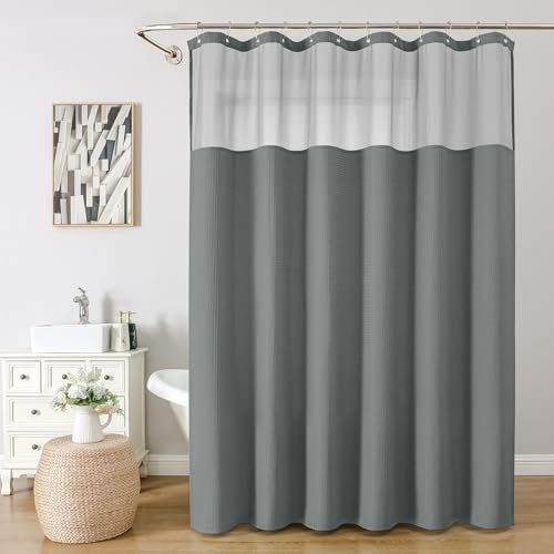 VANZAVANZU Wasserdichter Duschvorhang mit Mesh-Fenster, Waffelstruktur, inkl. Edelstahl Haken, beschwertem Saum – ideal für Bad, Wanne, Hotel & Spa – 183×183 cm (Grau)