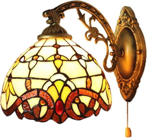 Aplique De Pared Estilo Tiffany, Vidriera Barroca Lámpara De Pared Retro Europea Lámpara De Noche con Interruptor De Tracción Sala De Estar Dormitorio Café Bar Apliques De Pasillo E27, Brown