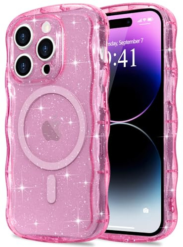 Pepmune Cover Glitter per iPhone 14 Pro Max, Rosso Rosa | Compatibile con Magsafe, Cornice Ondulata Forma Custodia. Trasparente Brillare Cover Protettiva Sottile Antiurto Case.