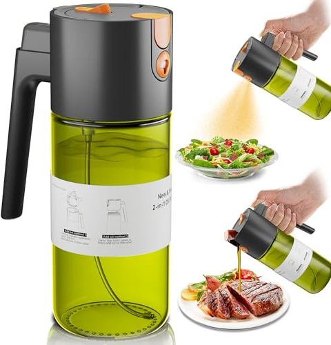 OURCABECUE Upgrade 2 in 1 Oil Sprayer for Cooking, 17oz Light-Blocking Glass Olive Oil Dispenser Bottle for Kitchen, Food-Grade Oil Mister with 8 Stickers for Salad, Frying (Green Bottle-Black Gap)