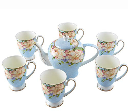 Service à thé pour Adultes, Tasses en Porcelaine Anglaise pour Le thé et Le café de l'après-midi, théière avec 6 Tasses à thé, Tasses à Eau de Grande capacité, Tasses à café