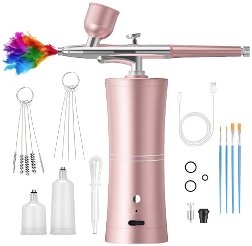GOEDCH AirBrush Set con compressore: pistola aerografo manuale multi funzione, aerografo portatile ricaricabile con ugello da 0,3 mm e carico per nail art, decorazione torte, trucco, pittura viso