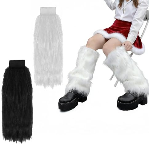 Zevmi 2 Stück Stulpen Damen Fellstulpen beinstulpen: Fur Leg WarmersBeinwärmer Stiefelüberzüge aus Kunstfell Lange Plüsch-Beinüberzüge Lange Winterstiefelüberzüge, 40 cm (Weiß + Schwarz)