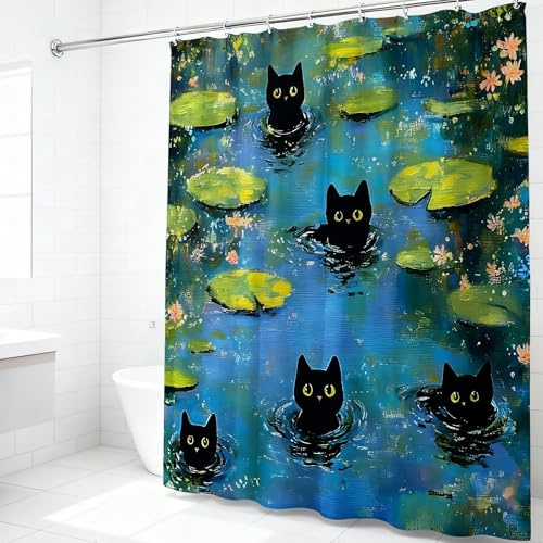 JONSEQIN Funny Black Cat Shower Curtain Lotus Leaf Whimsical Cute Animal in Lily Pond Charming Water Scene Lilies Lily Cute Pet Art Nature Scenery Bathroom Decor Curtains 70x70 inch with Hook