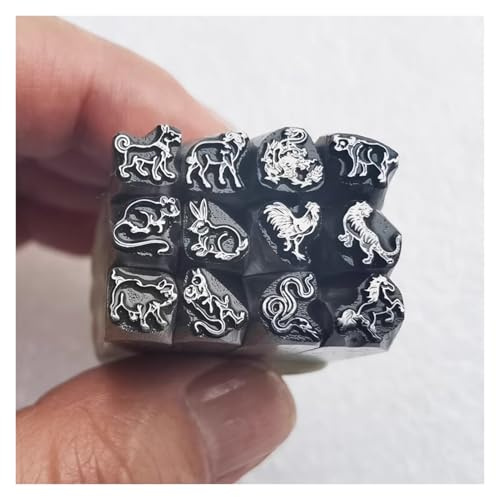 CYHTYM Schlagzahlen 12-teiliges Set aus Stempelwerkzeugen aus Kohlenstoffstahl, 7 mm DIY-Handgeschnitztes Bastelsiegel, Tiermuster