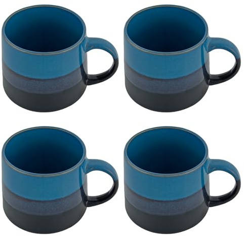 Hodge & Hodge Set of 4 Blue Stoneware Coffee Mugs – 530ml Wide Base Tea Cups with Gradient Glaze, Large Handle – Rustic Ceramic Design – Microwave & Dishwasher Safe – New Home Gift Idea