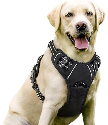 Anti Zieh Geschirr, No Pull Hundegeschirr mit reflektierenden Streifen, verstellbar & gepolstert, atmungsaktiv, Komfortables Brustgeschirr für kleine & große Hunde (SCHWARZ,L)