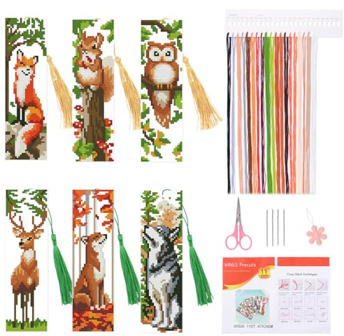 HICOHAND Kreuzstich-Lesezeichen-Set, Motiv: Waldtiere, geprägt, Stickerei, Lesezeichen mit Anleitung (evtl. nicht in deutscher Sprache), Quaste, DIY-Handwerk, Geschenk für Erwachsene, Anfänger
