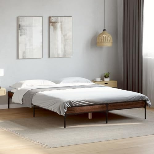 Ordellia Sängram brun eklook, 135 x 190 cm plattformssäng av trämaterial med metallfötter, robusta sovrumsmöbler för vilsam sömn